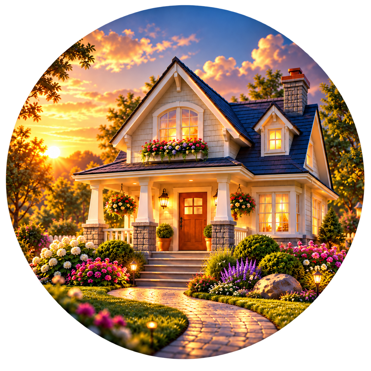 A cottage in a warmly lit garden at golden hour