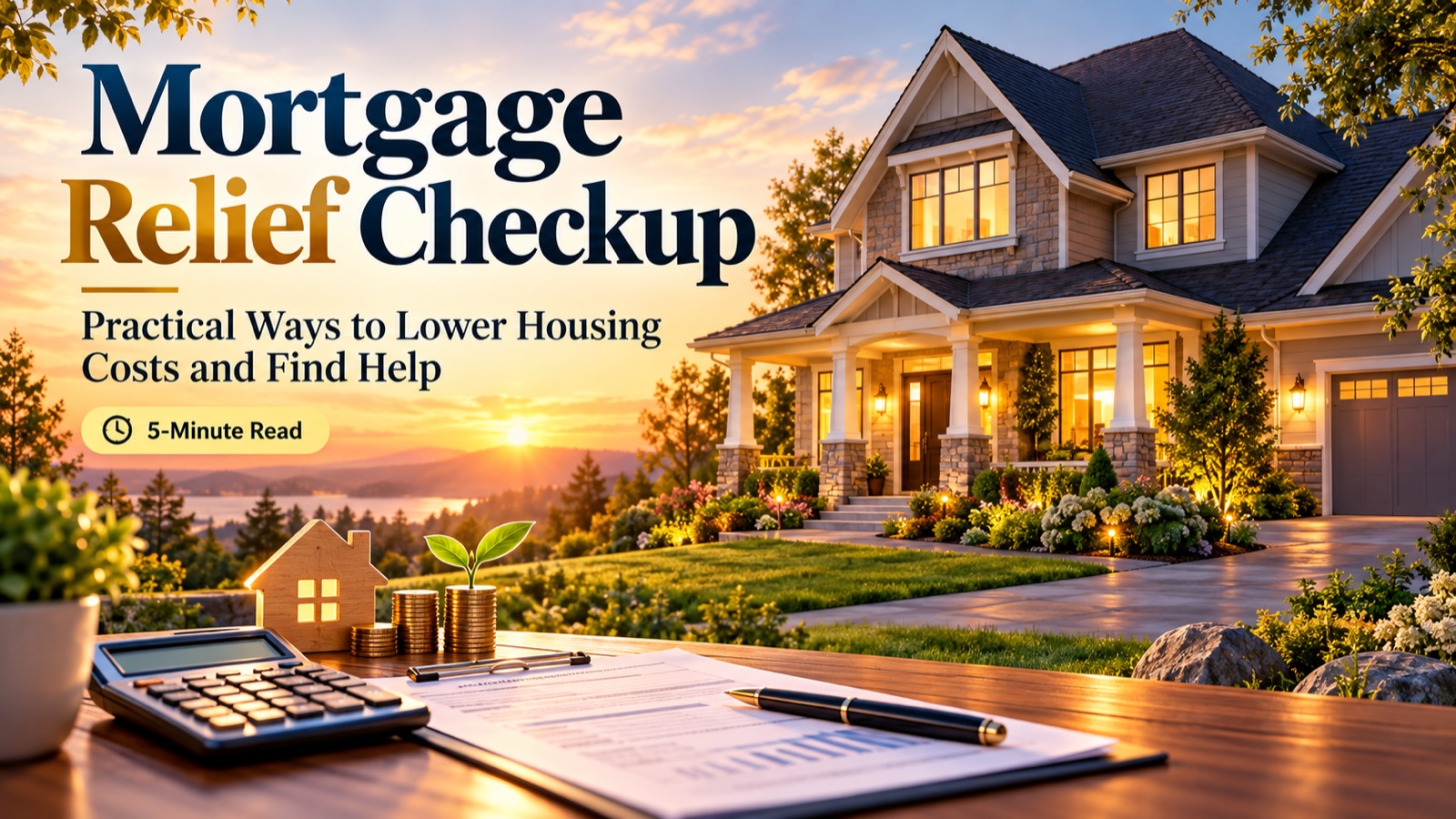 Golden-hour home with mortgage paperwork, a calculator, savings coins, and the article title Mortgage Relief Checkup: Practical Ways to Lower Housing Costs and Find Help